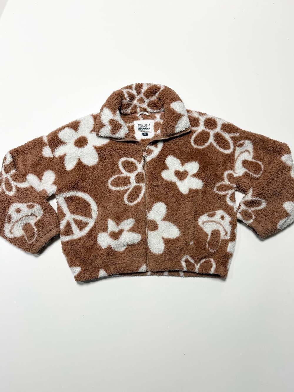 American Eagle Women's XS/S Brown Cream Floral Peace Mushroom Sherpa Fleece Crop